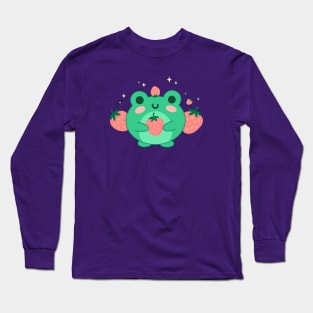 Neon Green Kawaii Frog, Blushing Strawberry, Retro Japanese Aesthetic Long Sleeve T-Shirt